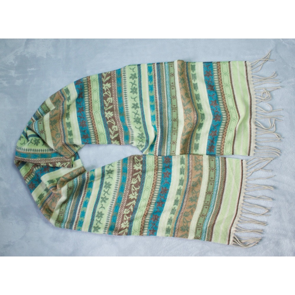 Cashmink V. Fraas Scarf Green Striped Fringe Earthy Tone Made in Germany